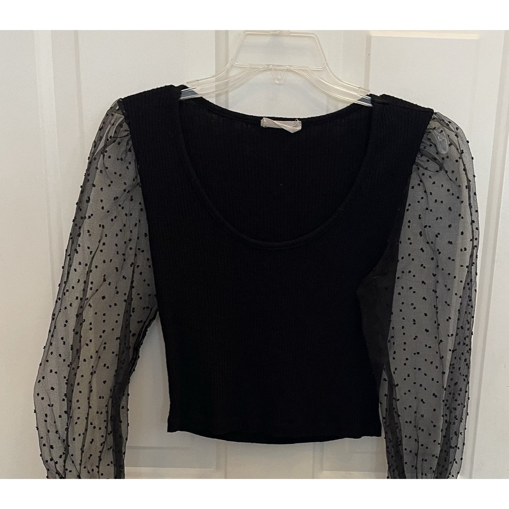 Altar'd State Black Top Sheer Puff Sleeves Polka Dot Twee Whimsigoth Womens M